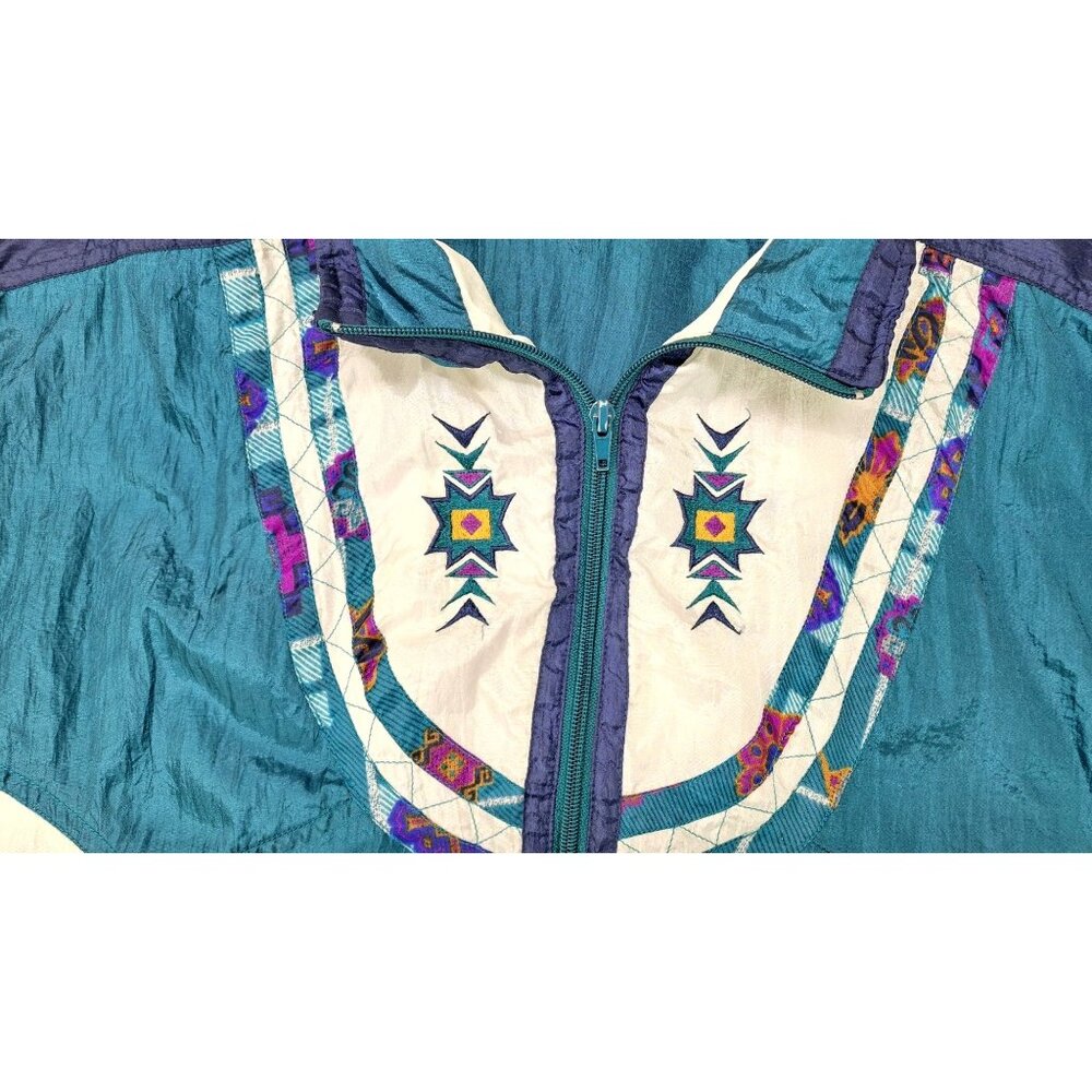 Vintage Wilson Windbreaker Jacket Women Large Teal White Southwestern Embroidery - Picture 3 of 6